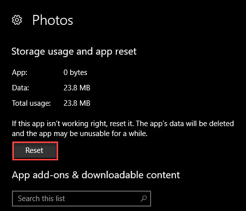 Réinitialiser les photos de Windows 10