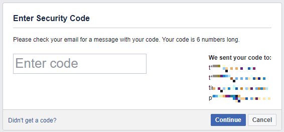 Saisissez le code de sécurité Facebook que vous avez reçu dans un e-mail.