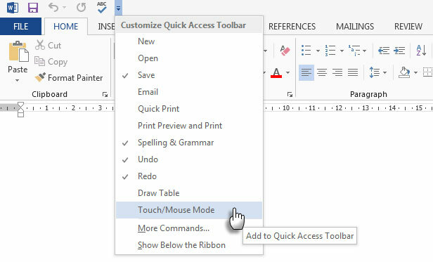 Mode tactile Microsoft Word