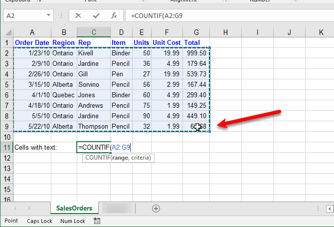 excel text functions - Sélectionnez la plage pour la fonction COUNTIF