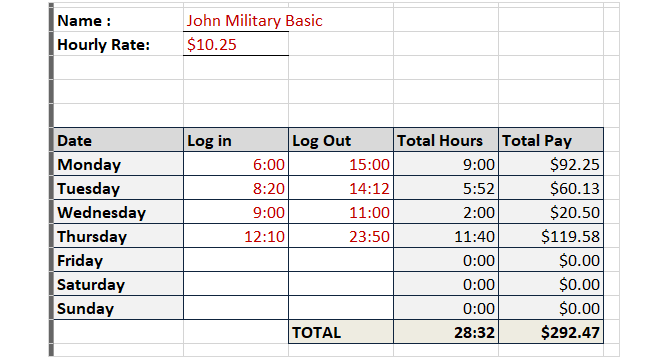 modèle de feuille de temps heures de piste temps militaire pas de pause excellent