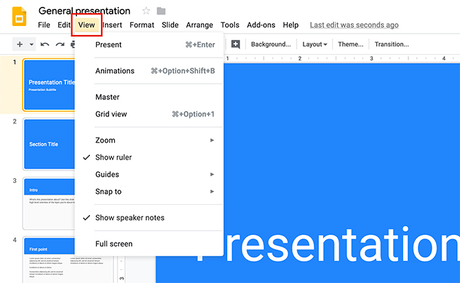 Comment créer une présentation Google Slides View Menu