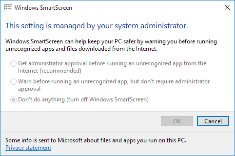 Paramètres de Windows 10 SmartScreen