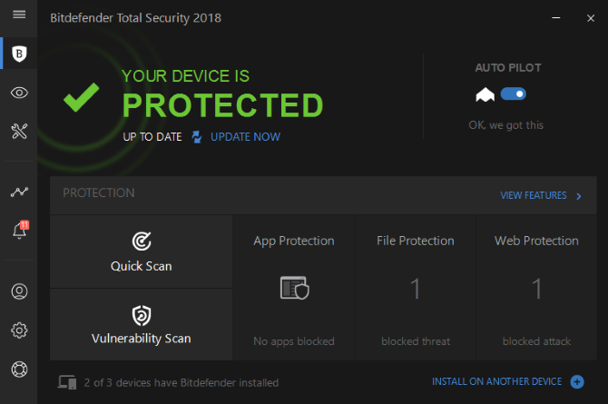 Écran principal de Bitdefender 2018