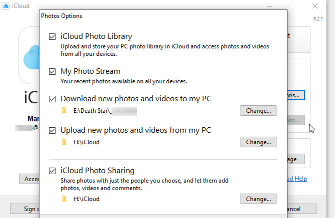 Capture d'écran des options de photos du panneau de configuration iCloud