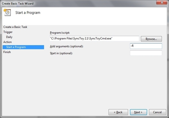 SyncToy: Solution de sauvegarde et de synchronisation simple de Microsoft [Windows] Planificateur de tâches Créer un programme d'action de tâche de base Démarrer le dossier Localiser le dossier