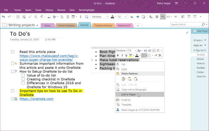 lien vers des pages dans OneNote 2016