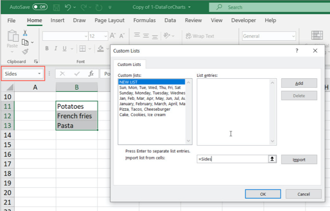 Cellules nommées d'importation de liste personnalisée Excel