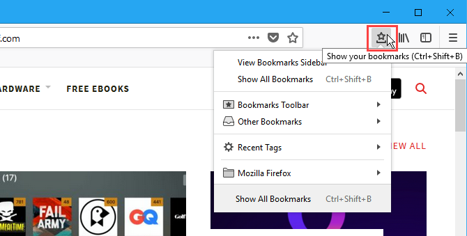 Menu Signets sur la barre d'outils Firefox