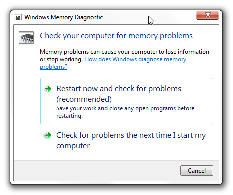 Options de diagnostic de la mémoire Windows