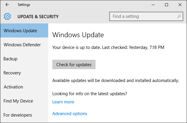 Paramètres de Windows 10 Windows Update