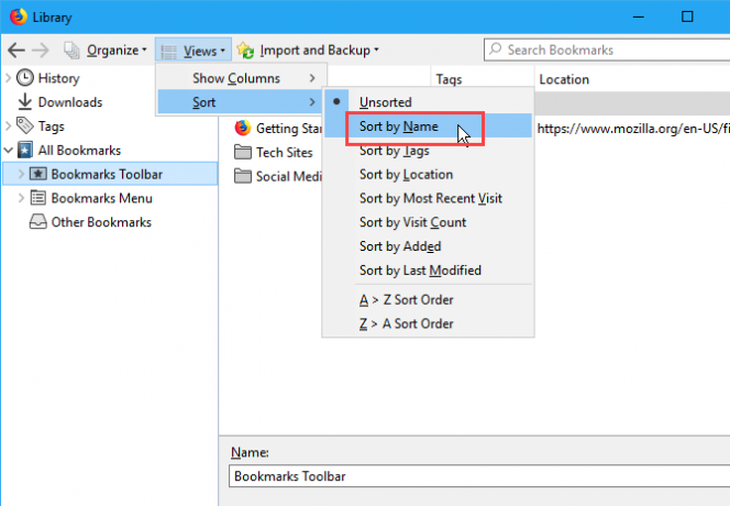 Trier les signets par nom dans la boîte de dialogue Bibliothèque de Firefox