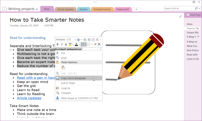 copier le lien vers le paragraphe dans OneNote