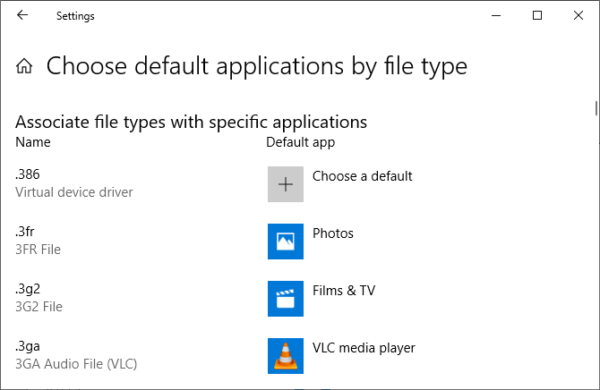 Windows 10 choisit les applications par défaut par type de fichier