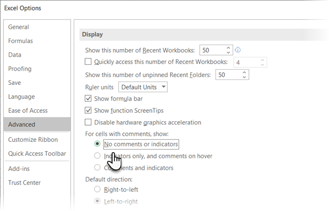 Masquer les commentaires et les indicateurs dans Excel